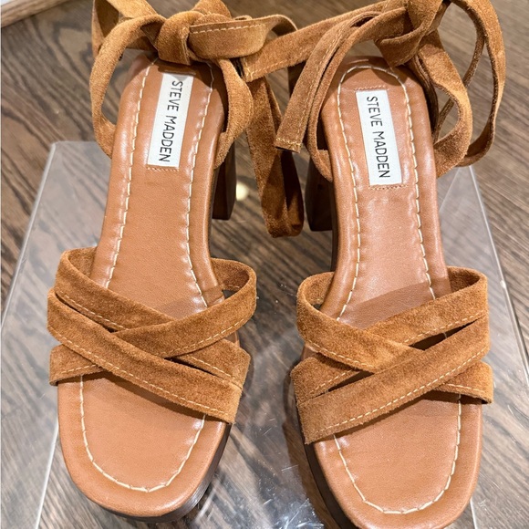 Steve Madden Ryder Tie-Up Suede Wooden Platform Sandals Brown Size 8 - Picture 7 of 10